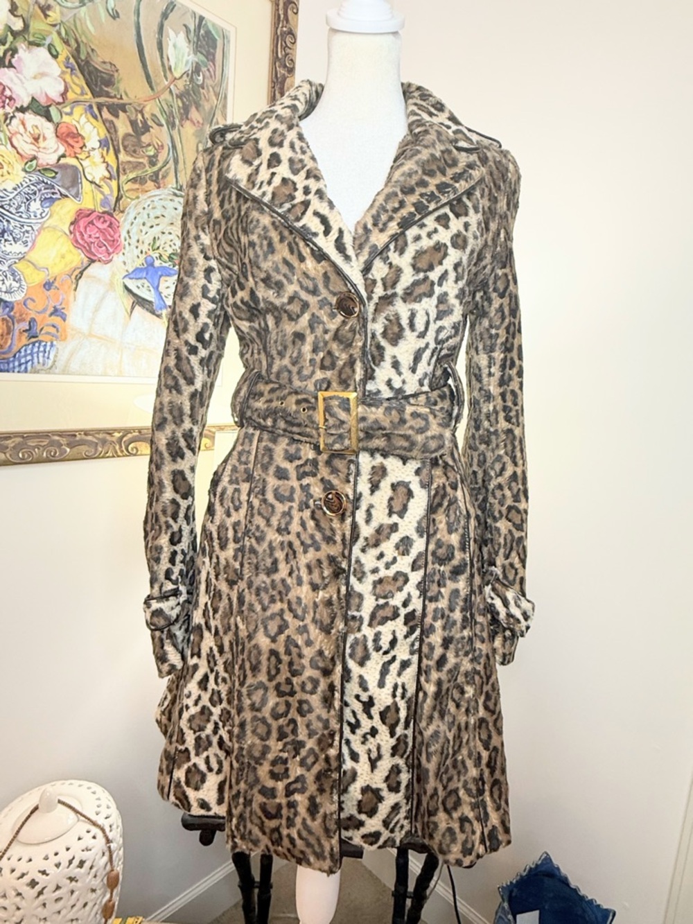Members Only Leopard Faux Fur Trench Coat Belted XS Mob Wife NWT Flaw